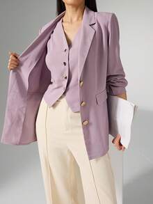 Heiryn 女士休闲翻领长袖西装外套和背心套装（秋冬） - 紫色 - 查看 7