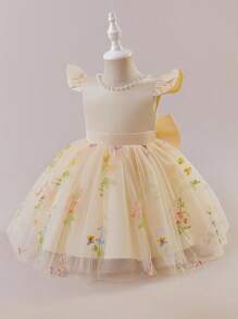 Glamorique Kids 1pc Baby Girls Christening Formal Dress, Flared Sleeves V-Neck Pearl Beaded Embroidered Mesh Ruffle Princess Dress With Raised Cinched Waist Design