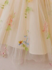 Glamorique Kids 1pc Baby Girls Christening Formal Dress, Flared Sleeves V-Neck Pearl Beaded Embroidered Mesh Ruffle Princess Dress With Raised Cinched Waist Design