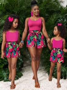Damen Set bestehend aus rosenrotem einfachem Modecamisole Top und Shorts mit Blattmuster, 2-teilig - Heißes Pink - Übersicht 6