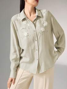 Heiryn Camisa elegante con decoración floral 3D y adorno de rhinestones para mujer - Gris - Ver 6