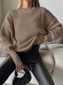 EURMUSE Women Casual Simple Solid Color Ribbed Drop Shoulder Loose Knit Sweater - Mocha Brown - View 5