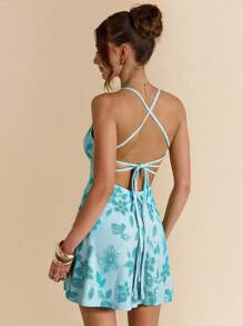 SHEIN BAE 纯绿色性感露背系带饰钉亮片装饰迷你连衣裙，适合女士穿着，优雅露背连衣裙，适合海滩、度假、夏季 - 藍色 - 查看 2