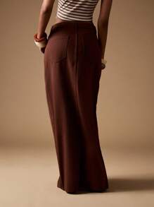 MISSGUIDED Chân váy Maxi denim bó sát xẻ trước co giãn phong cách phương Tây hiện đại, chân váy dài cổ điển cạp cao, màu tối, thời trang lễ hội Y2K mùa thu đông - Cà phê nâu - Xem 2