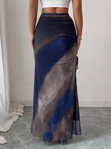 Selianne Váy bút chì dáng ôm in họa tiết tie-dye lưới cho nữ, xẻ tà, có dây rút - Màu xanh hải quân - Xem 2