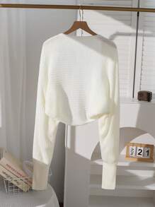 Sparklyn 少女纯色宽松开襟休闲短款针织衫，不对称下摆，修身剪裁，米色针织衫，秋冬款 - 米色 - 查看 4