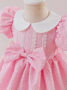 Glamorique Kids 女婴公主裙，生日派对婚礼节花童裙，白色领子，粉色提花玫瑰，泡泡袖，大蝴蝶结，白色蕾丝，适合所有季节