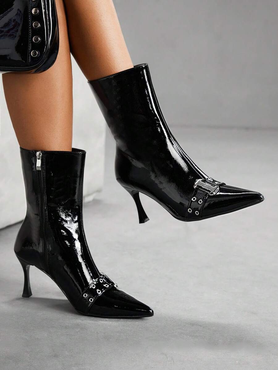 CUCCOO SZL Giày bốt cổ ngắn nữ mũi nhọn, khóa điều chỉnh, gót cao bóng bẩy, thời trang. - màu đen - Xem 1