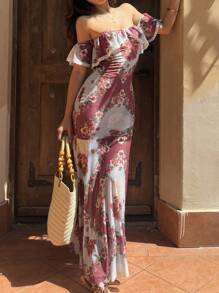 Sunnyshic Elegant Floral Print Off Shoulder Dress For Vacation - Multicolor - View 5