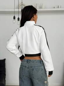 Coolane 女士秋季街头服饰简约基本款日常运动服返校节条纹纹理装饰白色短款运动衫夹克 - 白色 - 查看 6