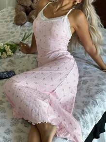CottageSlumber Romantic-Flora Midi Length Pink Sleep Dress With Plant Pattern And Feminine Spaghetti Strap Design Pink Floral Dress Summer Dress - Pink - View 4