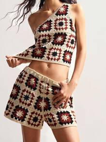 Bohemela Bohemian Women's Resort Retro Style Crochet Top And Shorts Wool Set - Brown - View 2