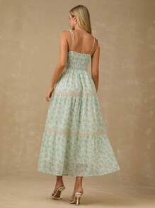 Enchnt Vestido de tirantes con volantes y estampado floral diminuto para mujer, conjunto elegante de vacaciones