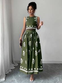 Elenzga Women Floral Print Crew Neck Sleeveless Top And Pleated Mini Skirt 2pcs Set, Fashionable