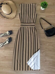 Robe décontractée à rayures avec boutons devant et sans manches pour femmes, pour vacances