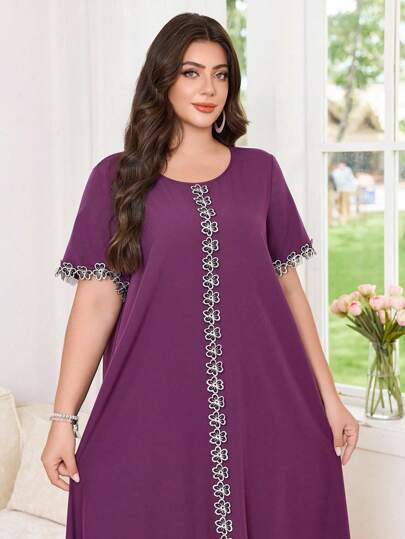 SHEIN Najma 大码女式刺绣花卉休闲圆领短袖宽松优雅阿拉伯长裙