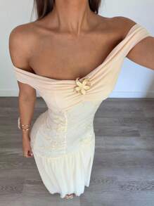 Siren Gaze Elegant One-Shoulder Dress For Women, Slim Embroidered Long Dress, Atmospheric Party Date Night Dress, Birthday Dress, Metallic Flower Mesh Embroidered Dress, Autumn Dress, Off-The-Shoulder Dress Goddess Dress Summer Evening Dress - Apricot - View 3