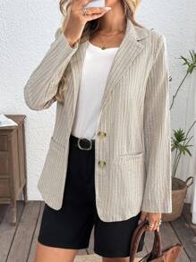 SHEIN LUNE Casual Women's Cotton Linen Striped Blazer, Cotton Back To School Teacher Fall Business Casual Fall Office Winter Lounge Work Teacher Old Money Style Old Money Travel Airport Office Winter Fall