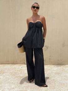 Livesso 女式方领泡泡袖上衣和阔腿牛仔裤两件套，夏季 - 藍色 - 查看 6