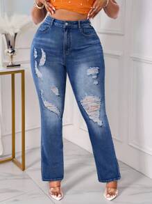 SHEIN SXY Plus Size Women Fashion Ripped Jeans Vacation Bootcut Flare Jeans Summer