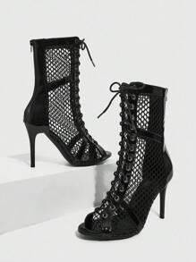 CUCCOO SZL CUCCO 女士镂空设计金属扣眼系带露趾中筒靴 - 黑色 - 查看 9