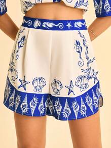 CAJUNI Women's Vacation Blue & White Ocean Elements Printed Elastic Waist, Arc Hem Side Slit, Beach Shorts, Summer,Beach Vacation Outfits - Multicolor - View 1