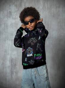 TEENAGE MUTANT NINJA TURTLES | SHEIN Tween Boy Cartoon & Letter Graphic Black Casual Versatile Hoodie - Black - View 8