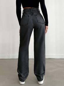 EURMUSE 100%Cotton Solid Color Straight Leg Jeans - Dark Grey - View 2