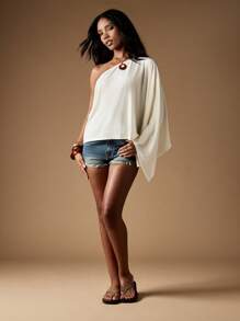 MISSGUIDED One Shoulder Draped Asymmetric Poncho Blouse With Billowing Sleeve Elegant Evening Cocktail Party Occasion Wear Resort Spring Summer Collection