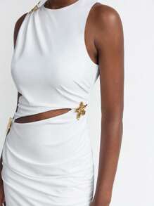 Maija Women's White Hollow-Out Design Dress, Versatile City Casual Modish Fashion, Comfortable Fitted With Front Split Cutout Minimalist Round Neck Sleeveless Business/Office Attire, Low-Key Elegant Urban Commuter Style, Match For Magazine Editor Pick, Social Events & Vacation Business Casual Women's Wear, Office Wear, Low-Key Old Money Style, Effortless Temperament, High-End Urban Commuting, The Same Style As The Editor-In-Chief Of The Magazine, Urban Social Vacation Party Wear, Charming, Low-Key And Durable Basic Style, Versatile And Not Picky Clothing, Street Fashion Wear, Clothing, Coffee Shop, Relaxed Wear,Business Casual Woman - White - View 3