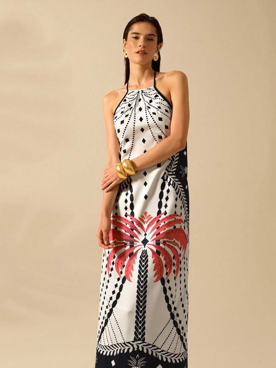 CAJUNI Váy hở lưng hở lưng họa tiết cây cọ ngày lễ mùa hè cho nữ - Nhiều màu - Xem 1