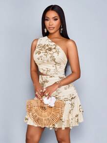 SOLERSUN 春夏女装优雅休闲度假花卉印花无袖不对称肩部褶皱腰部镂空褶皱臀部双层荷叶边针织迷你连衣裙 - 卡其色 - 查看 4