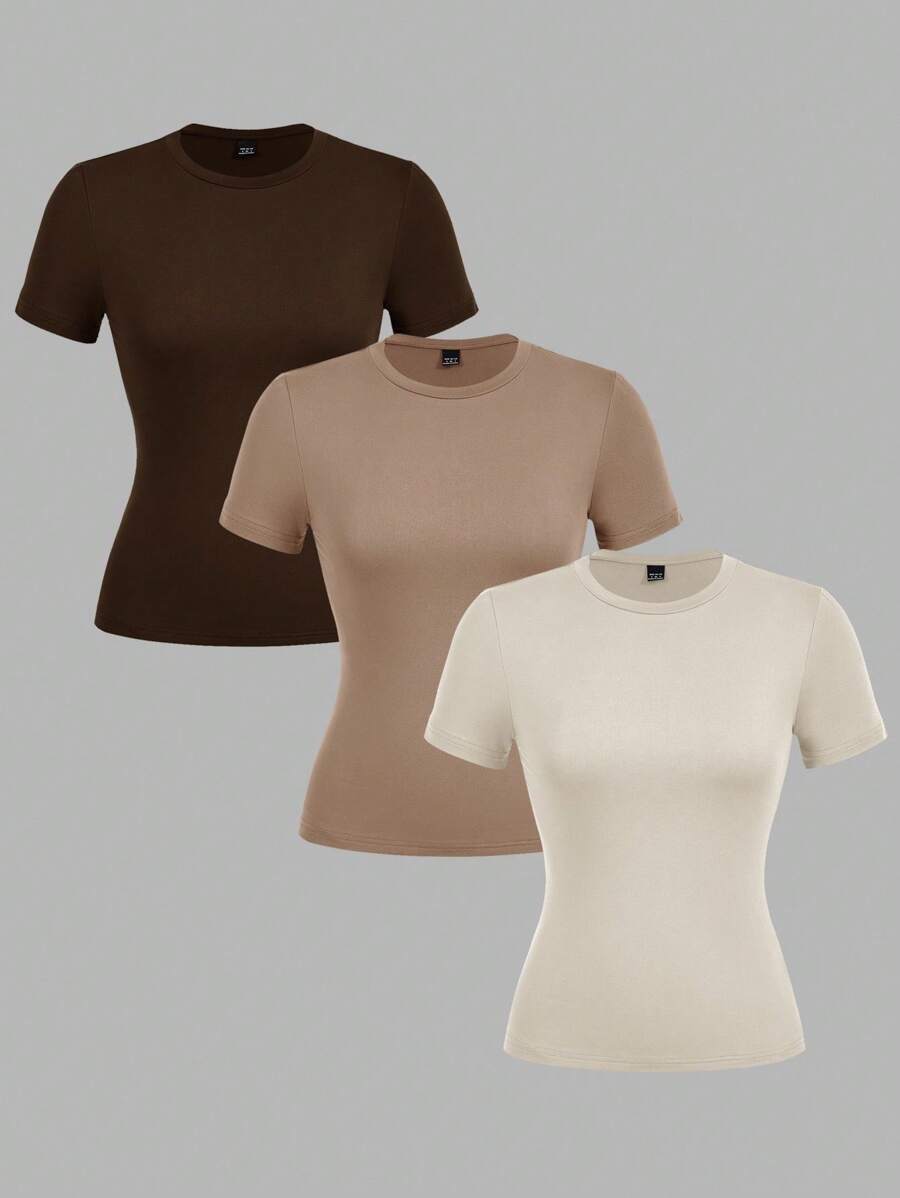 SHEIN EZwear 3件套女士休闲紧身长袖圆领T恤套装，颜色：深棕色、卡其色、浅杏色，适合夏季