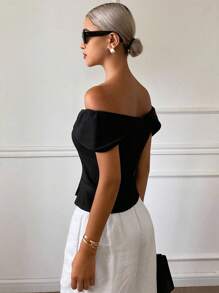 Livesso Women's Elegant Off-Shoulder Solid Color Blouse For Commuting, Summer Going Out Tops - Black - View 2