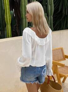 Livesso Women's Summer Backless Lace Patchwork Blouse,Babydoll Top Long Sleeve Top Vacation Boho - Beige - View 2
