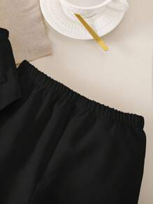 2pcs/Set Baby Girls Urban Elegant Cute Minimalist Black Camisole & Loose Waist Drawstring Pants Set, Summer - Black - View 6