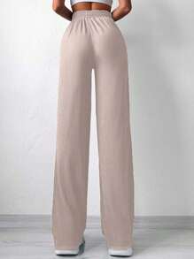 EURMUSE Damen Lässig einfarbige Hose mit elastischem Bund, Seitentaschen und weitem Beinverlauf - Beige - Übersicht 2