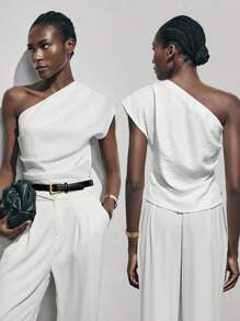 Lumivelle Women's Elegant Fashionable White Pleated Loose Shoulder Blouse, Romantic