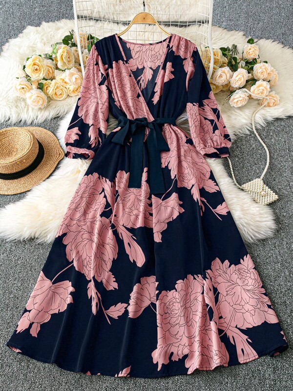 DreamSkyne Court Retro  Plus Size Solid Color Print Cross Neck Short Sleeve Flowy Dress Wedding Day Wedding Guest