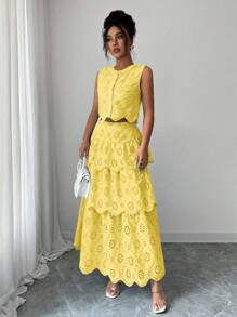 SHEIN Clasi 2件套：女士圆形刺绣纽扣背心和A字中长裙 - 黃色 - 查看 4