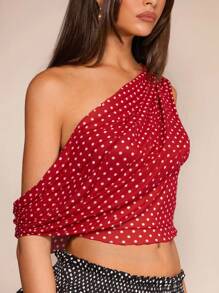 Glamine Áo cánh chấm bi nhún bèo nhún vai thời trang thu đông cho nữ, quần áo nữ dễ thương, dễ thương, dễ thương, thời trang dạo phố, áo chấm bi, váy chấm bi - Đỏ - Xem 2