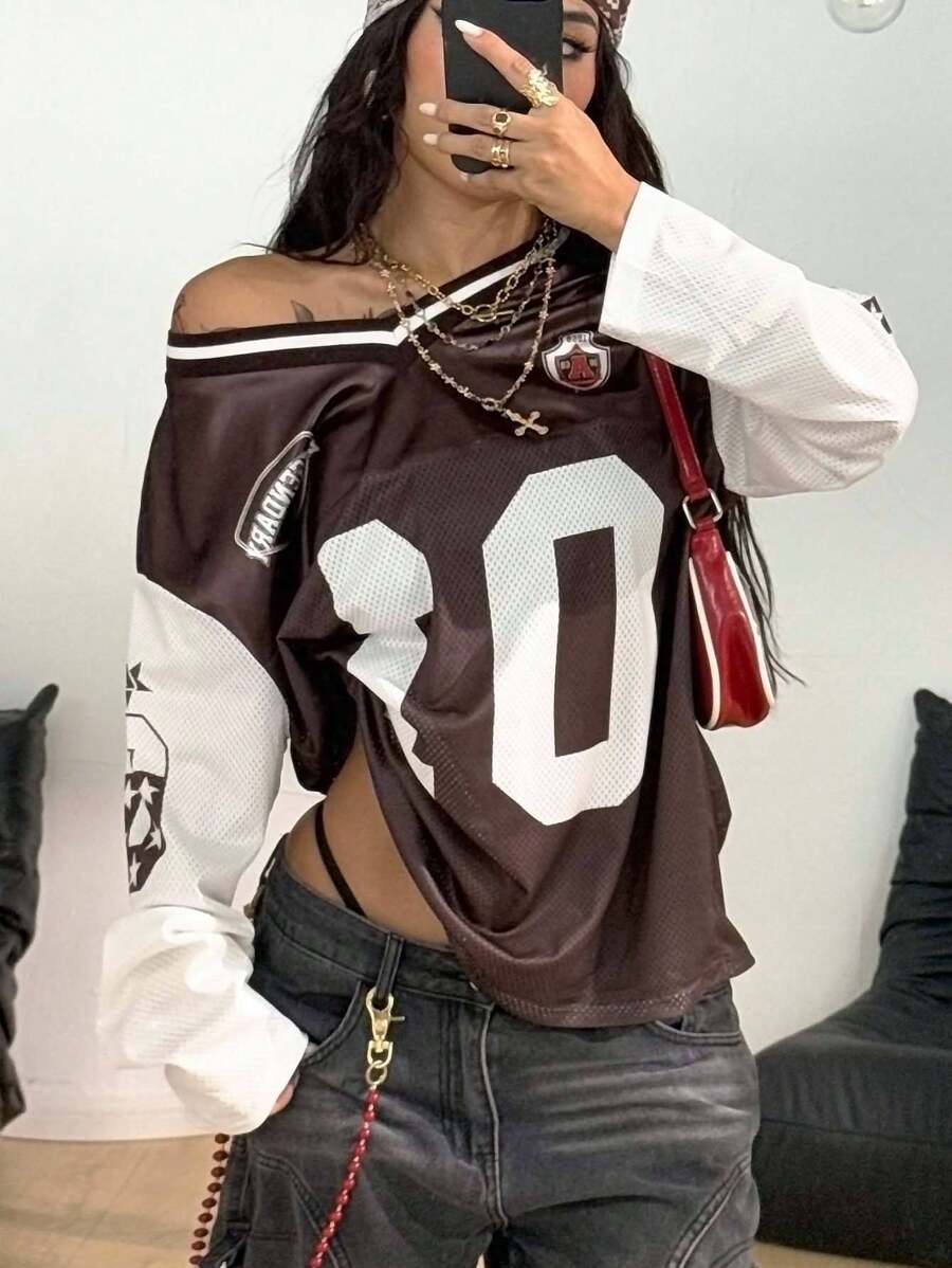 Coolane 女士秋季复古街头服饰外出节 Y2K 数字图案棕色超大针织衫 - 棕色 - 查看 1