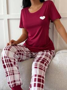 Red And Plaid Long Pant Pajama Set With Round Neck And Casual Style Burgundy Pajama Set Plaid Pajama Set, Fall Clothes