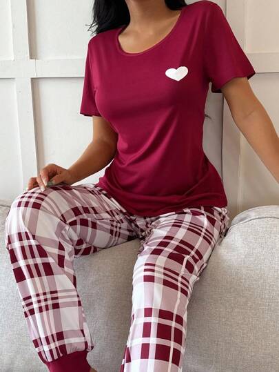 Miss Vinta Rood Plaid Long Pant Pajama Set Round Neck Bordeaux Set, Fall Clothes view 7
