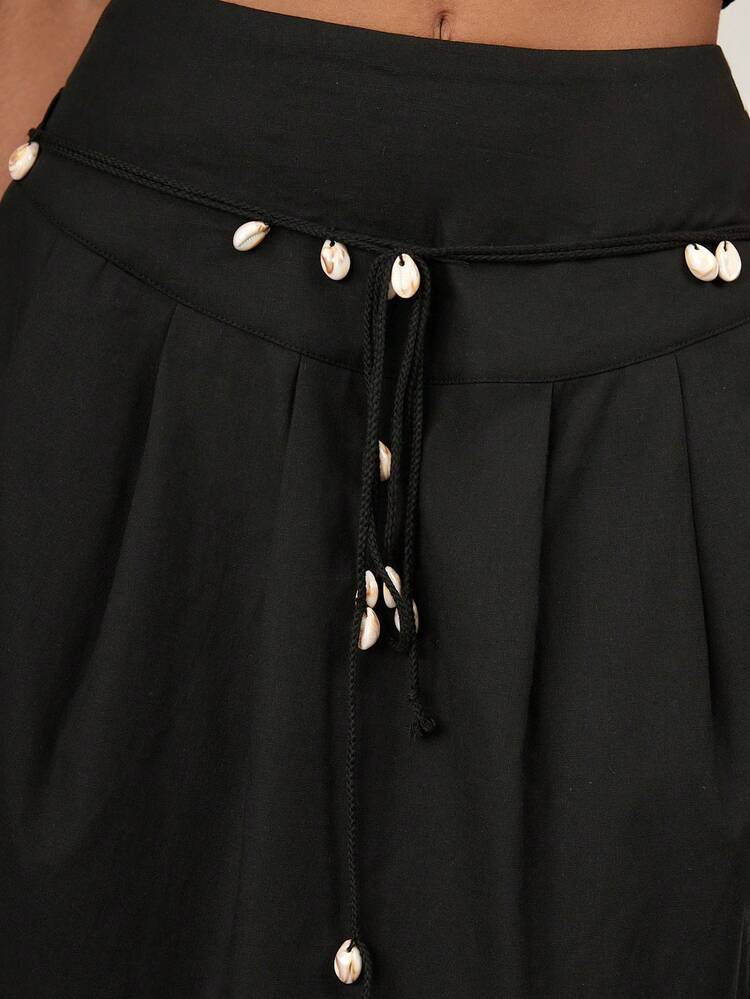 SHEIN Maija 2025 Summer New Rope Seashell Decoration Bowknot Waist Ruffle Hem Bohemian Skirt, Suitable For Vacation, Music Festival, Beach, Casual, Romantic, Suitable For Outing, Party, Wedding Guest, Vintage Style, Graduation Season