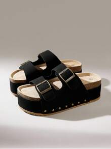 Solecia 女士春夏新款舒适增高搭扣平底半拖圆头厚底露趾休闲百搭度假风黑色凉鞋户外沙滩女鞋 - 黑色 - 查看 2