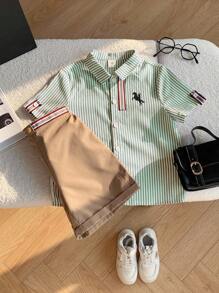 SHEIN 2 件/套平价休闲运动学院风彩色条纹丝带装饰 Polo 领短袖衬衫和卡其色梭织短裤套装，适合日常穿着、运动、郊游、校园、聚会、节日、拍照、返校季、春夏季 - 綠色 - 查看 10