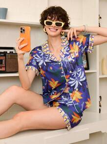 Chillnights Women Fruit & Plant Printed Lapel Ruffled Sleepwear Set - Multicolor - View 4
