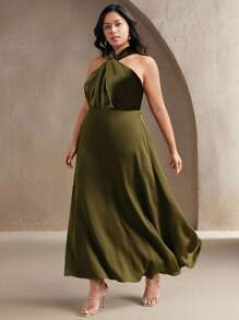 Anewsta Vestido elegante plus size verde com cintura marcada e decote halter, fluido, vestido slim de alta qualidade para o verão, férias, casual, elegante, festival, convidado de casamento - Verde - Ver 3