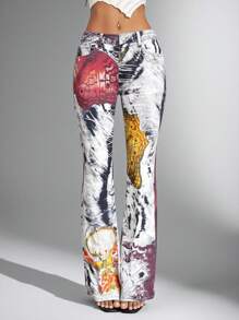 Jeanoix Jeans de mujer vaqueros informales con estampado de moda callejera vintage